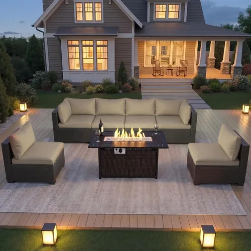 Miniatura 18 de LEVELEVE Juego de muebles de patio al aire libre, sofá seccional de conversación de ratán de tejido manual con mesa de centro de vidrio templado