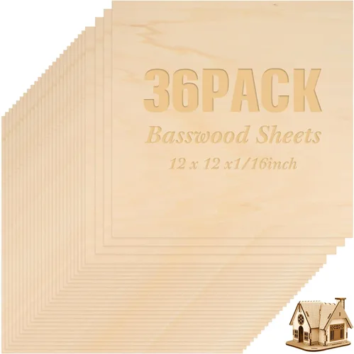Paquete de 36 hojas de madera contrachapada de tilo de 1/8 pulgadas, tableros de madera sin terminar para manualidades para proyectos láser de