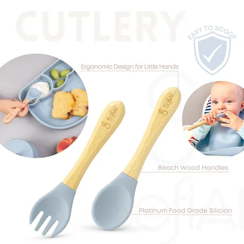 Miniatura 5 de Juego de alimentación de bebé de silicona no tóxica sin BPA – Placa de succión, cuenco, babero y taza – Juego de 11 piezas para bebés de 6 a 18 Azul