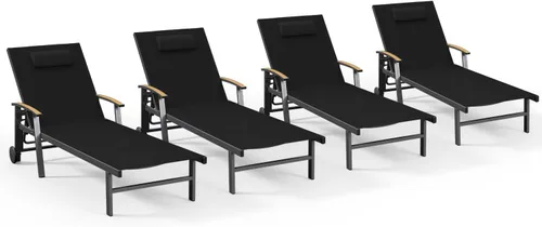 Miniatura 33 de Ciokea Sillón para exteriores con almohada, tumbona de aluminio de 5 posiciones con ruedas y reposabrazos, silla de piscina resistente de 400 libras