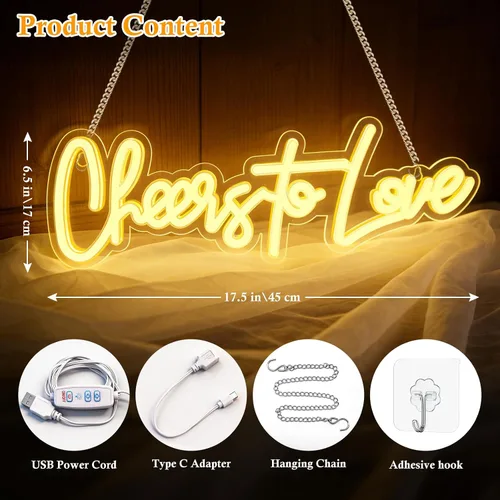 Miniatura 2 de Letrero de neón grande con texto en inglés "Cheers to Love", letrero de neón con interruptor de atenuación, letrero LED reutilizable para telón