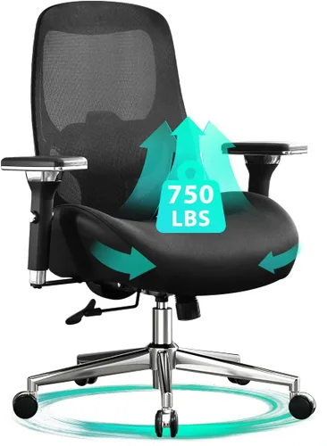 Silla de oficina grande y alta de 750 libras con cojín de asiento ancho y grueso para personas pesadas, sillas de escritorio ergonómicas de malla