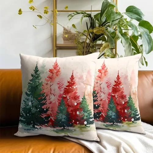 Miniatura 7 de Fundas de cojín de árboles de Navidad, 2 piezas, fundas de cojín de acuarela roja y verde decorativas de 20x20 pulgadas, fundas de cojín de algodón