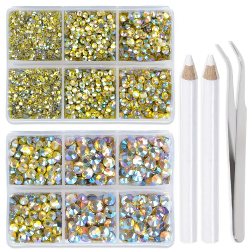 Miniatura 20 de LPBeads 6400 unidades de diamantes termoadhesivos de 12 colores con parte trasera plana, 5 tamaños mixtos, gemas de cristal redondas con pinzas