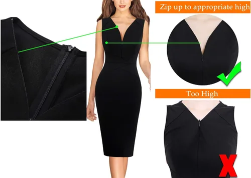 Miniatura 5 de VFSHOW Elegante vestido ajustado con cuello en V y cremallera frontal para mujer, ajustado, para trabajo, negocios, oficina, vestido tipo tubo