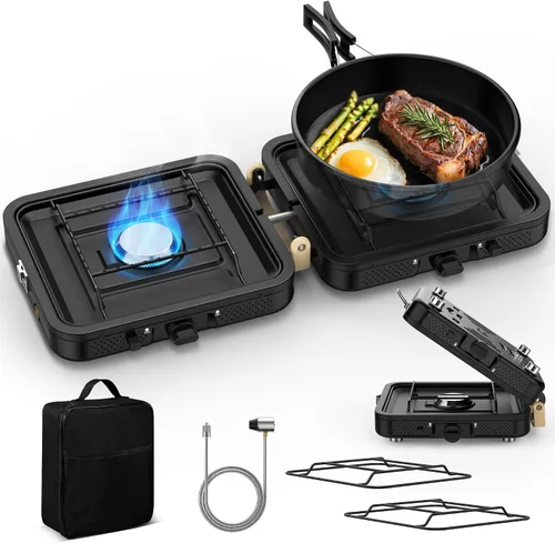 Estufa de propano para camping, 2 quemadores de 20000 BTU, estufa de propano plegable portátil con bolsa de transporte, quemadores de alto calor