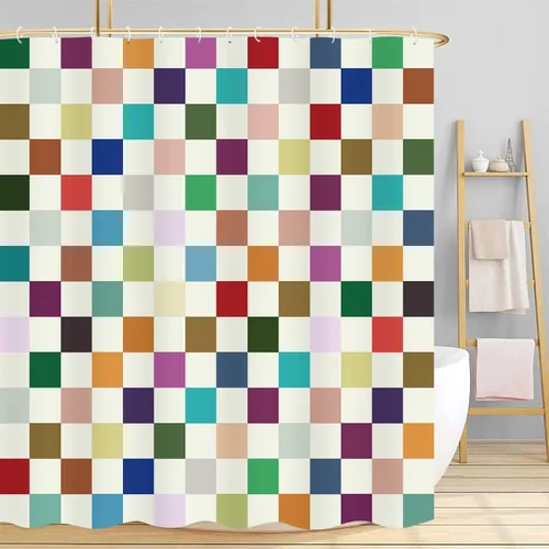 Miniatura 60 de Cortina de ducha a cuadros en blanco y negro, bonita cortina de ducha retro de tablero de ajedrez para decoración de baño, 72 x 72 pulgadas, cortina