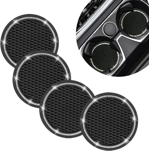 Posavasos de automóvil para portavasos de automóvil, de 2.75 pulgadas, de silicona, antideslizante, con diamantes de imitación, lindo tapete de Negro