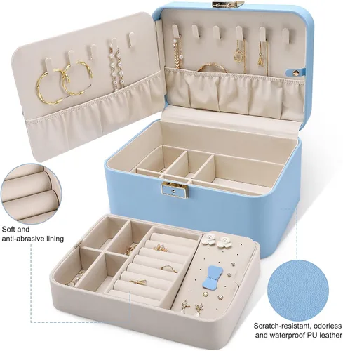 Miniatura 2 de KAMIER Organizador de aretes, organizador de joyas portátil de piel sintética de 2 capas, gran capacidad, doble cerradura y espejo grande, ganchos