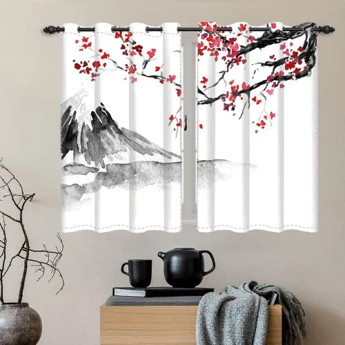 Miniatura 53 de Cortinas japonesas con pintura de tinta, monte Fuji, sol rojo, puesta de sol, hojas de bambú, cortinas de ventana para dormitorio, sala de estar