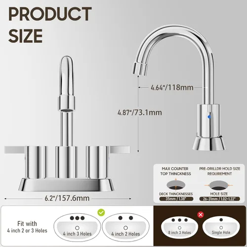 Miniatura 9 de Phiestina Grifo de Baño de 4 Pulgadas Centerset 2 o 3 Agujeros 2 Manijas Cromado Sin Plomo, Caño Giratorio con Desagüe Emergente de Cobre y 2 Líneas