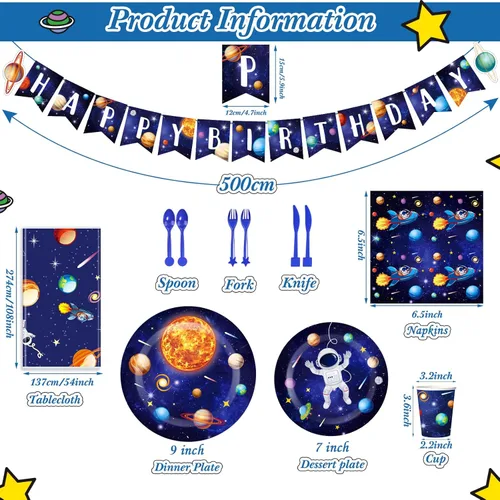 Miniatura 2 de Suministros para fiesta de cumpleaños del espacio exterior, juego de vajilla para fiesta espacial, sirve para 24, pancarta de feliz cumpleaños