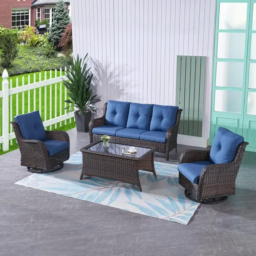 Miniatura 114 de HUMMUH Sillas Mecedoras Giratorias de Mimbre para Patio Exterior con Respaldo Alto, Sillas Deslizantes de Ratán PE, Juego de Muebles de Patio de 4