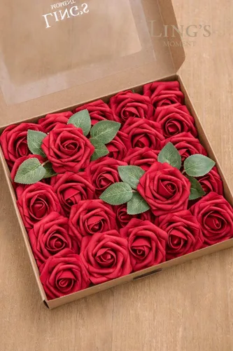 Miniatura 8 de Ling's moment Flores Artificiales 50 Pzas Rosas Rojas Kentucky Decoración con Tallos, 3" Tacto Real DIY Espuma Floral para Ramo de Boda/Centros