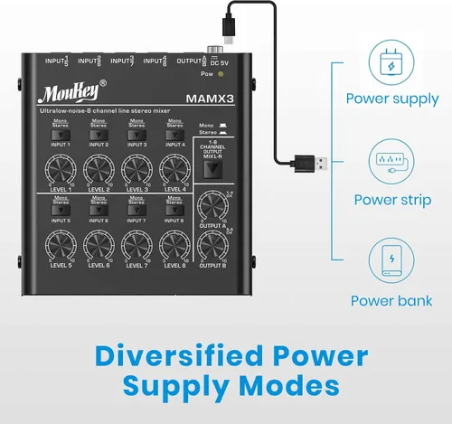 Miniatura 5 de Mezclador de audio Moukey, DC 5V, 8 canales estéreo ultra, mezclador de línea de 8 canales de bajo ruido para sub-mezcla, para pequeños clubes
