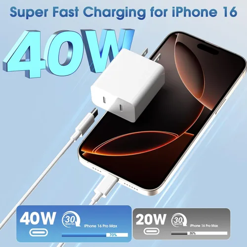 Miniatura 4 de Cargador para iPhone 17 Pro Max de carga rápida, 40 W Dual USB C Bloque de carga rápida con cable de carga tipo C de 6 pies para iPhone 17/17 Pro/17