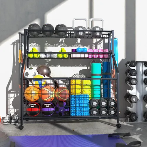Miniatura 6 de Estante de almacenamiento de bolas, carrito organizador de equipo deportivo grande para garaje, gimnasio en casa, almacenamiento de equipo deportivo