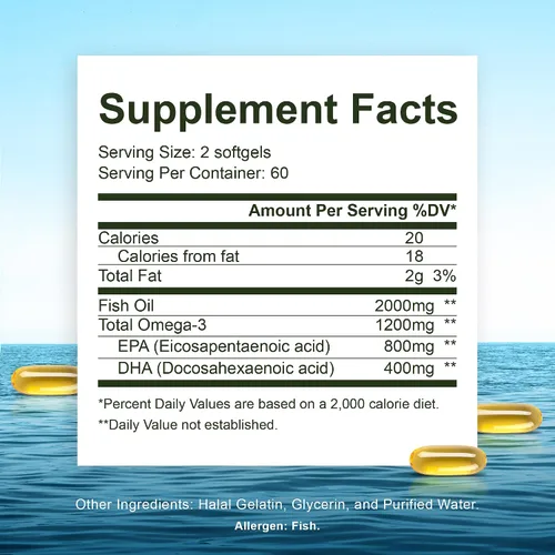 Miniatura 2 de Noor Vitamins Aceite de pescado Halal Peruano Silvestre Ultra Omega 3 (2000 mg/porción) con 800 mg EPA y 400 mg DHA Soporte para el corazón