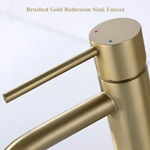 Miniatura 4 de Grifo de baño de oro cepillado, grifo de fregadero de latón de una sola manija para baño con un solo orificio con montaje de drenaje de fregadero