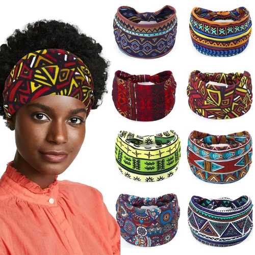 Bohend Diademas anchas bohemias para mujer, 8 unidades, bandas elásticas antideslizantes para el cabello atléticas y yoga (estilo africano, tamaño