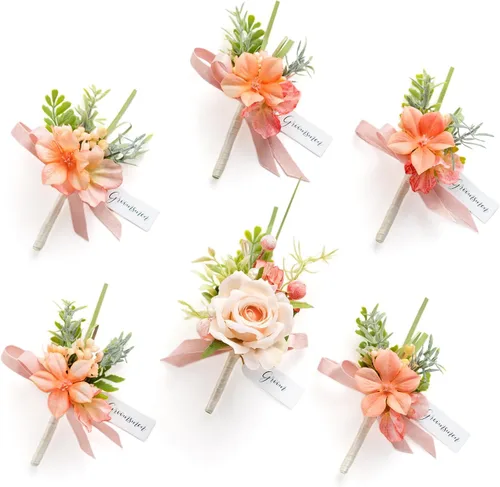 Miniatura 45 de Ling's Moment Boutonniere para Hombres Boda, Juego de 6, Novio y Padrinos Boutonniere para Boda Regreso a Casa Halloween Ceremonia Aniversario, Cena