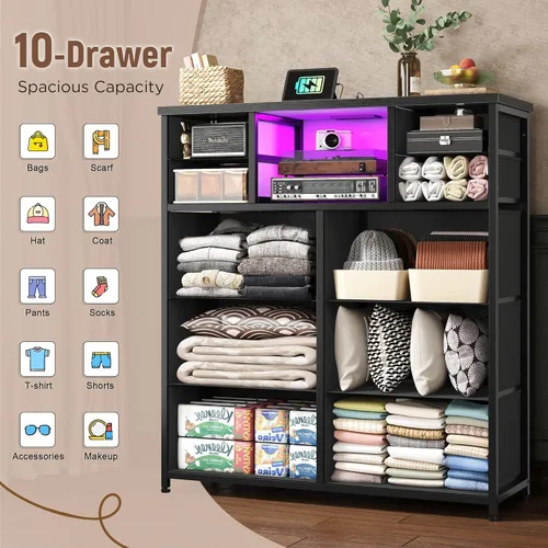 Miniatura 4 de Romorgniz - Cómoda para dormitorio con 10 cajones con luz LED y toma de corriente, cómodas de tela y cómoda con estantes abiertos para pasillo, sala