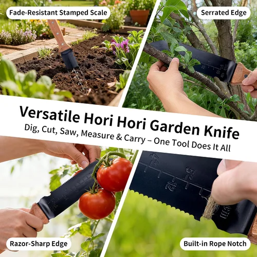 Miniatura 3 de YANG Hori Hori - Cuchillo de jardín, cuchillo de jardinería de acero inoxidable de 7 pulgadas con funda de tela Oxford, mango de madera de haya