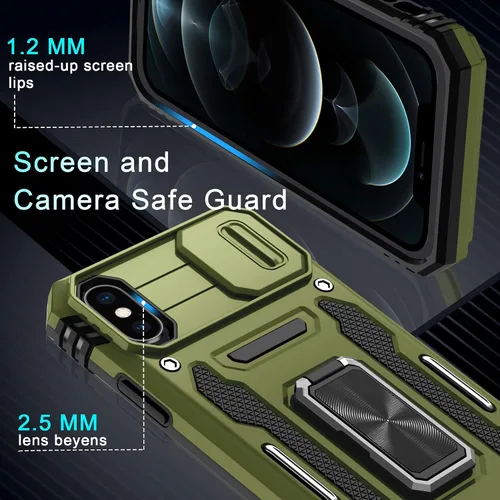 Miniatura 285 de DEERLAMN Funda para iPhone Xs Max con funda deslizante para cámara + protector de pantalla, soporte giratorio de anillo de grado militar a prueba