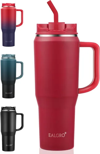 Miniatura 16 de EALGRO Botella de agua aislada de 40 onzas con popote y asa, frasco de agua deportivo de metal grande, taza de café de viaje de acero inoxidable