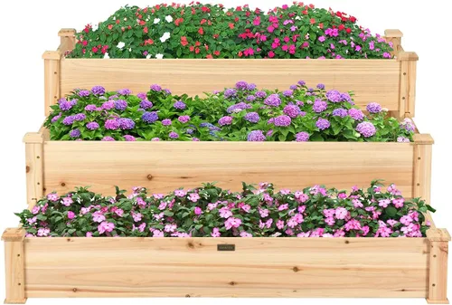 Miniatura 7 de Giantex Cama de jardín elevada de 3 niveles, maceta para exteriores, caja de cultivo de flores vegetales, kit de cama elevada elevada, contenedor