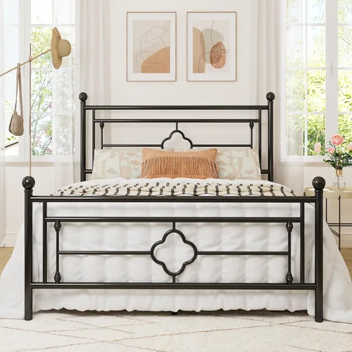 Miniatura 10 de Allewie Base de cama de plataforma de metal tamaño King con cabecero y pie de cama vintage victoriano/base de colchón/almacenamiento debajo