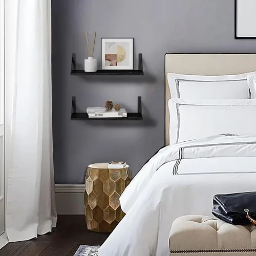 Miniatura 7 de Forbena Juego de 3 estantes flotantes negros para baño, estantes de madera para libros, estante rústico para almacenamiento, organizador de baño