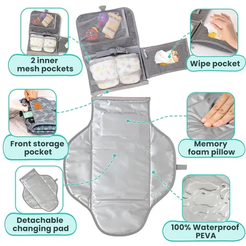 Miniatura 4 de Cambiador portátil para regalos de baby shower y regalos de nueva mamá, cambiador de pañales de viaje para recién nacidos, cambiador de pañales gris