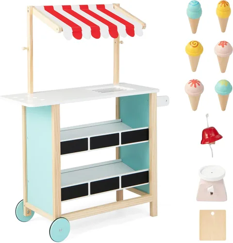 Miniatura 9 de HONEY JOY Carrito de Helados para Niños, Set de Juego de Tienda de Abarrotes de Madera con 6 Piezas de Comida de Juguete, Campana Realista y Báscula