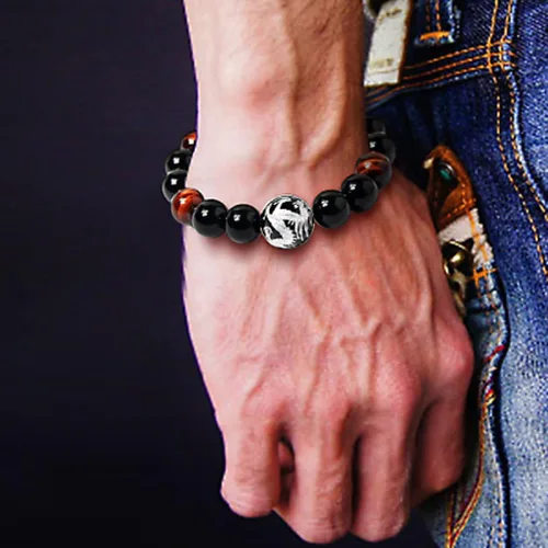 Miniatura 7 de Merdia - Pulsera elástica para hombre, diseño de ojo de tigre con cuentas de dragón y rey (plateado y amarillo)