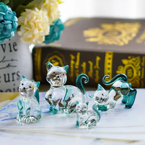 Miniatura 3 de HDCRYSTALGIFTS Figuras de Gatos de Cristal Soplado de 2 pulgadas Coleccionables Paquete de 4 Estatua de Animal Gatito de Cristal Verde Esmeralda