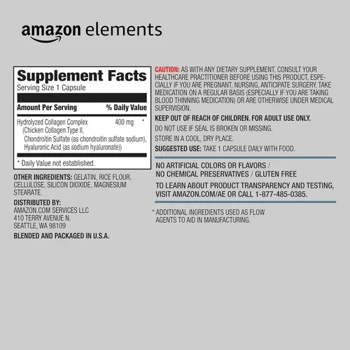 Miniatura 2 de Amazon Elements Complejo de colágeno, tipo II con ácido hialurónico, 90 cápsulas, suministro para 3 meses