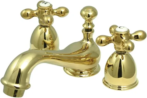 Kingston Brass KS3952AX Restoration Mini grifo de lavabo generalizado con mango cruzado de metal, latón pulido, centro ajustable de 4 pulgadas