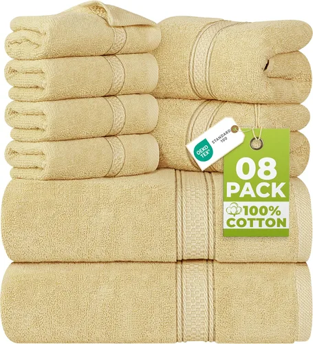 Utopia Towels - Juego de toallas de 8 piezas, 2 toallas de baño, 2 toallas de mano y 4 para la cara, 100% algodón hilado en anillo, 600 GSM, Beige