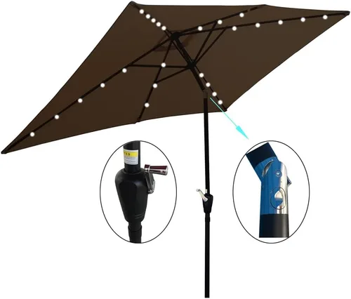Miniatura 3 de Paraguas solares, sombrillas de patio de 10 x 6.5 pies con 26 luces LED, sombrillas rectangulares para exteriores con manivela y botón de ajuste