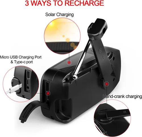 Miniatura 3 de Radio meteorológica NOAA con manivela solar de emergencia con AM/FM, cargador de teléfono USB de 2000 mAh y 3 linterna LED, alarma SOS para Negro