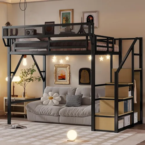 Miniatura 22 de Base de cama Queen Loft con escaleras y almacenamiento, marco de cama de metal resistente, capacidad de 800 libras, para adultos y adolescentes
