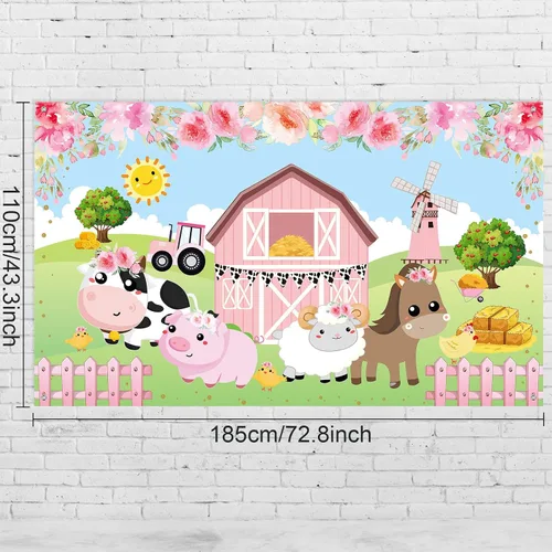 Miniatura 2 de Tatuo Pancarta de fondo de decoración de cumpleaños de granja rosa, tamaño grande, 3.6 x 6 pies, pancarta de fondo de animales de granero para baby