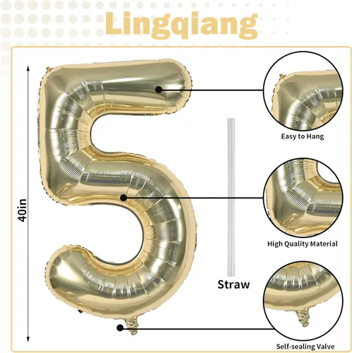 Miniatura 2 de Globo dorado champán con el número 5, globos de aluminio autoinflables grandes de 40 pulgadas del 0 al 9, globo de helio digital 5 dorado claro