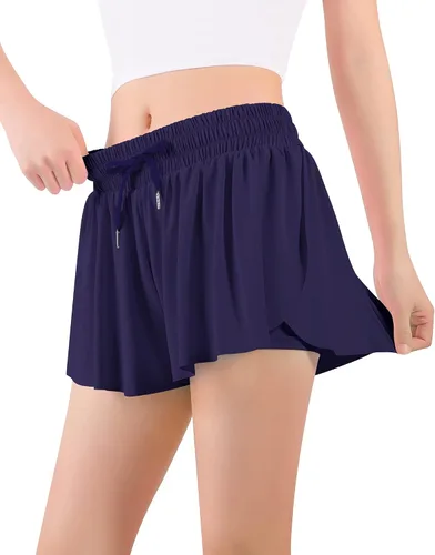 Miniatura 2 de Auranso Pantalones cortos de mariposa para niñas, pantalones cortos fluidos con bolsillo 2 en 1 para atletismo, correr, gimnasio, ropa preparatoria