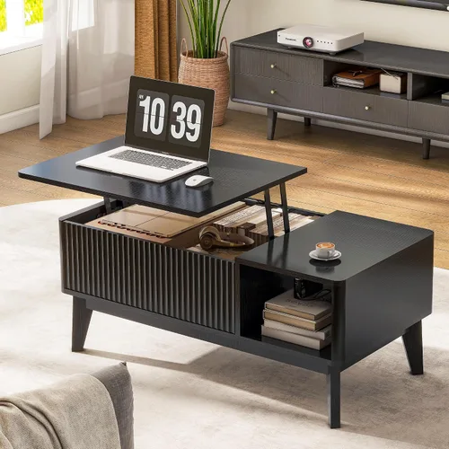 Miniatura 3 de LYNCOHOME Mesa de centro acanalada con compartimento oculto, mesas de centro elevables de madera, mesa central moderna para sala de estar, oficina