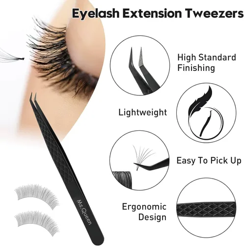 Miniatura 3 de Ms.Queen Pinzas para extensiones de pestañas, pinzas de fibra para volumen y extensiones de pestañas individuales, color negro
