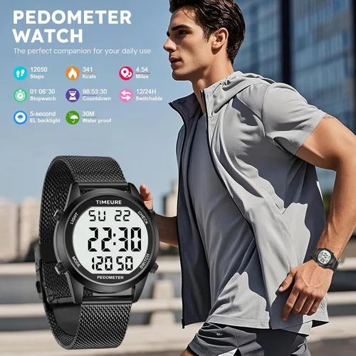Miniatura 2 de Reloj podómetro para hombre con pulsera de acero inoxidable, reloj contador de pasos sin aplicación, sin necesidad de carga para caminar al aire
