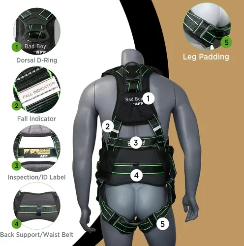 Miniatura 5 de AFP Arnés de seguridad de cuerpo completo de protección contra caídas Premium, cinturón de soporte de 8" de grosor, anillos en D de aluminio, Negro