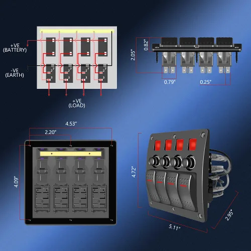 Miniatura 2 de Panel de interruptor basculante precableado de 4 bandas, impermeable, 12 V 24 V con fusible, interruptor de circuito con indicador LED rojo de 3